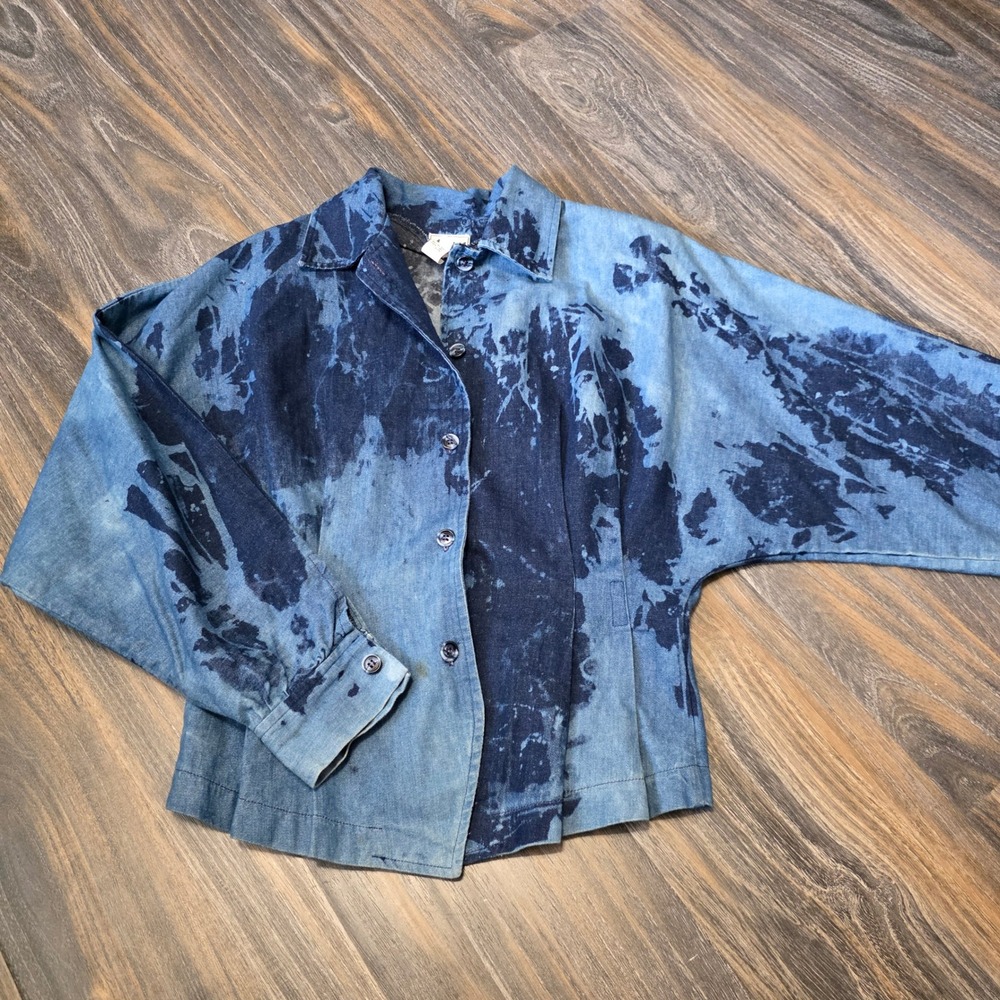 Myrna Blue Tie Dye Denim Dolman Sleeve Button Up Shirt Pleated Waist Small